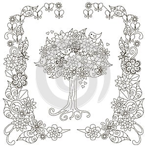 Anti stress blooming tree, birds with hearts, flowering frame hand draw