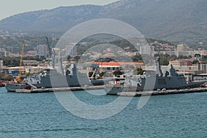 Anti-submarine frigates in port parking. Toulon, France