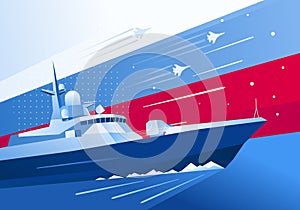 Anti-submarine military boat card. Defender of the Fatherland Day in Russia. May 9 Victory Day. Vector illustration