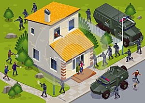 Anti Terror Operation of Special Police Forces with Armored Vehicles and Hostage Release Illustration isometric icons on isolated