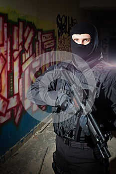 Anti-terrorist unit policeman during night mission