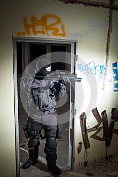 Anti terrorist unit policeman during the night mission