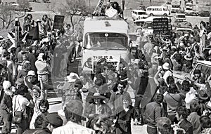 Anti uraniumProtestors block the road of a Roxby Downs vehicle during the anti uranium demonstrations SA