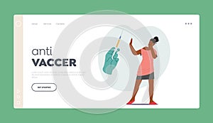 Anti Vaccer Landing Page Template. Woman Character Displaying Fear And Apprehension At The Sight Of A Needle