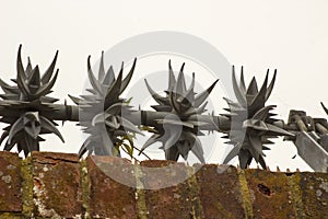 Anti wall climbing spinners with sharp barbs on the top of a brick wall to deter intruders and burglars photo