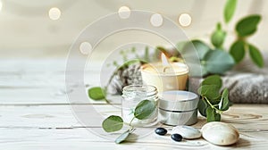 Anti-Wrinkle Moisturizer for Women, Enhanced by Ambient Candlelight and Natural Eucalyptu Leavess, on a Chic White Table photo