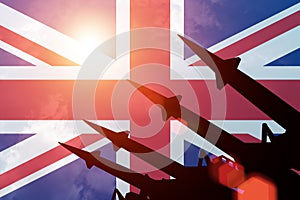 Antiaircraft rockets on background of United Kingdom flag