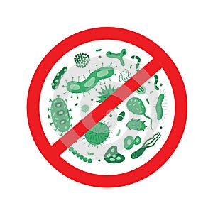 Antibacterial and antiviral defence icon. Stop bacteria and viruses prohibition sign. Antiseptic.