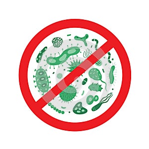 Antibacterial and antiviral defence icon. Stop bacteria and viruses prohibition sign. Antiseptic. photo