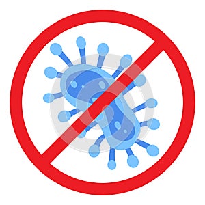 Antibacterial defence icon. Stop bacteria and viruses prohibition sign. Antiseptic. Blue bacteria in the red crossed-out circle.