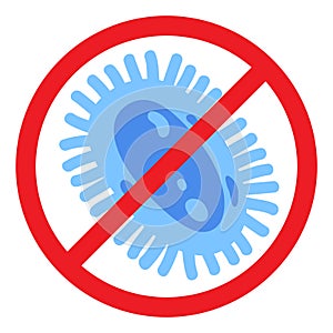 Antibacterial defence icon. Stop bacteria and viruses prohibition sign. Antiseptic. Blue bacteria in the red crossed-out circle.