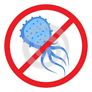 Antibacterial defence icon. Stop bacteria and viruses prohibition sign. Antiseptic. Blue bacteria in the red crossed-out circle.