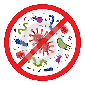 Antibacterial defence icon. Stop bacteria and viruses prohibition sign. Antiseptic. Various bacteria in the red crossed-out circle