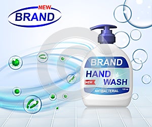 Antibacterial hand gel wash ads, dispenser bottle with transparent bubbles isolated on background. 3d realistic