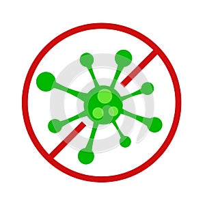 Antibacterial icon with green virus in red circle for design on white. No bacteria vector sign