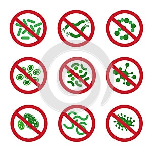 Antibacterial icons with germ. Bacteria kill vector symbol. Control infection signs photo