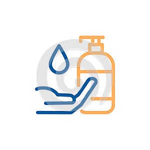 Antibacterial sanitizer liquid soap with hand vector thin line icon