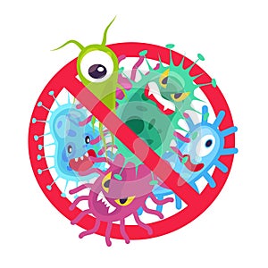 Antibacterial symbol. Virus infection and microbes bacterias control, humor cartoon protection sign stop vector icon photo