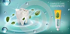 Antibacterial toothpaste ads. Vector 3d Illustration with toothpaste and mind leaves.