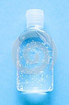 Antibacterial transparent hand sanitizer gel in a plastic bottle. Coronavirus Covid-19 preventive measures