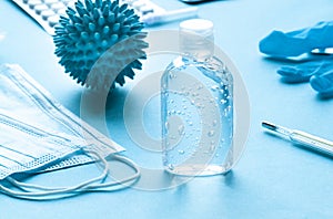 Antibacterial transparent hand sanitizer gel in a plastic bottle. Coronavirus Covid-19 preventive measures photo