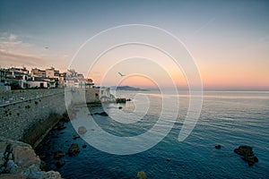 Antibes Juan les Pins Mediterranean Sea Coast during twilight, blue hour sunset