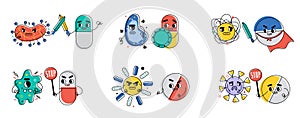 Antibiotic fight bacteria. Superhero pills and capsules, battle with viruses and germs, cute tabletes characters