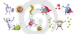 Antibiotic fight characters. Virus funny symbols healthy protection concept illustration of antibiotic damaged bacterias