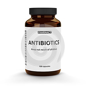 Antibiotic pills bottle isolated on white background