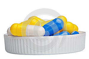 Antibiotic pills are in the lid on a white background