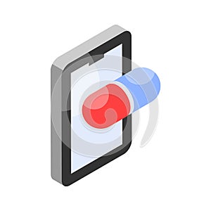 Antibiotic pills with mobile, concept isometric icon of online medication