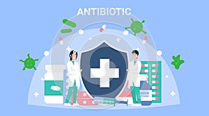 Antibiotic protection banner with doctors and bacteria