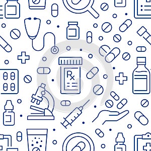 Antibiotic resistance blue seamless pattern. Vector background included line icons as bottle, hand, microscope