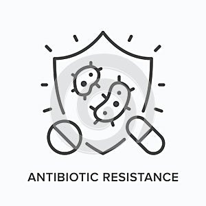 Antibiotic resistance flat line icon. Vector outline illustration of strong microbe and shield. Black thin linear