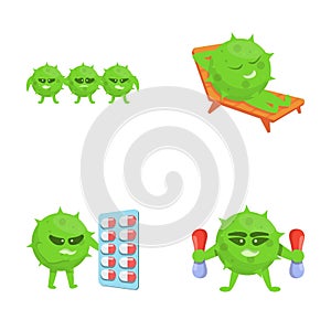 Antibiotic resistance icons set cartoon vector. Bacteria defeating medication