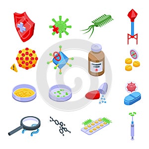 Antibiotic resistance icons set, isometric style