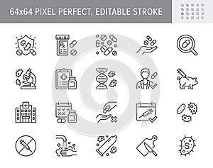 Antibiotic resistance line icons. Vector illustration include icon pills, bacteria, genetics, injection, immunization