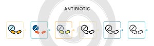 Antibiotic vector icon in 6 different modern styles. Black, two colored antibiotic icons designed in filled, outline, line and