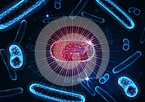 Antibiotics pills in bacteria medium concept. Futuristic drug capsule among bacilli microorganisms photo