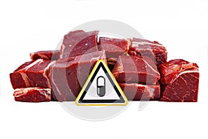Antibiotics residue and harmful bacteria in meat for human consumption concept, showing chunks of red meat with yellow warning sig