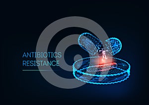 Antibiotics resistance concept. Futuristic low polygonal antibiotics pills, bacteria on Petri dish.