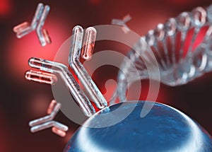 antibodies and viruses close-up, 3d rendering