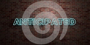 ANTICIPATED - fluorescent Neon tube Sign on brickwork - Front view - 3D rendered royalty free stock picture photo