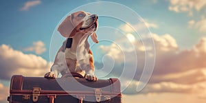 Anticipating an airplane trip concept. Beagle dog sitting on a old-fashioned suitcase looking focused in distance