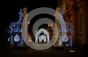 In anticipation of New Year`s magic, Festive electric garlands near the Hermitage