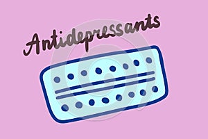Antidepressants hand drawn  illustration pills, cartoon style