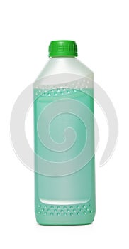 Antifreeze in plastic bottle isolated on white