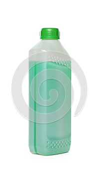 Antifreeze in plastic bottle isolated on white