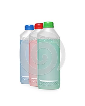 Antifreeze in plastic bottles isolated on white