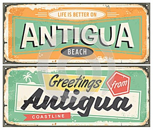 Antigua beach souvenir poster design in retro style.